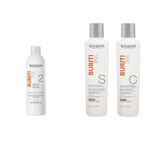 Kerazon Buriti Liss Keratin Treatment + Sulfate Free and Sodium Free Shampoo & Conditioner KIT