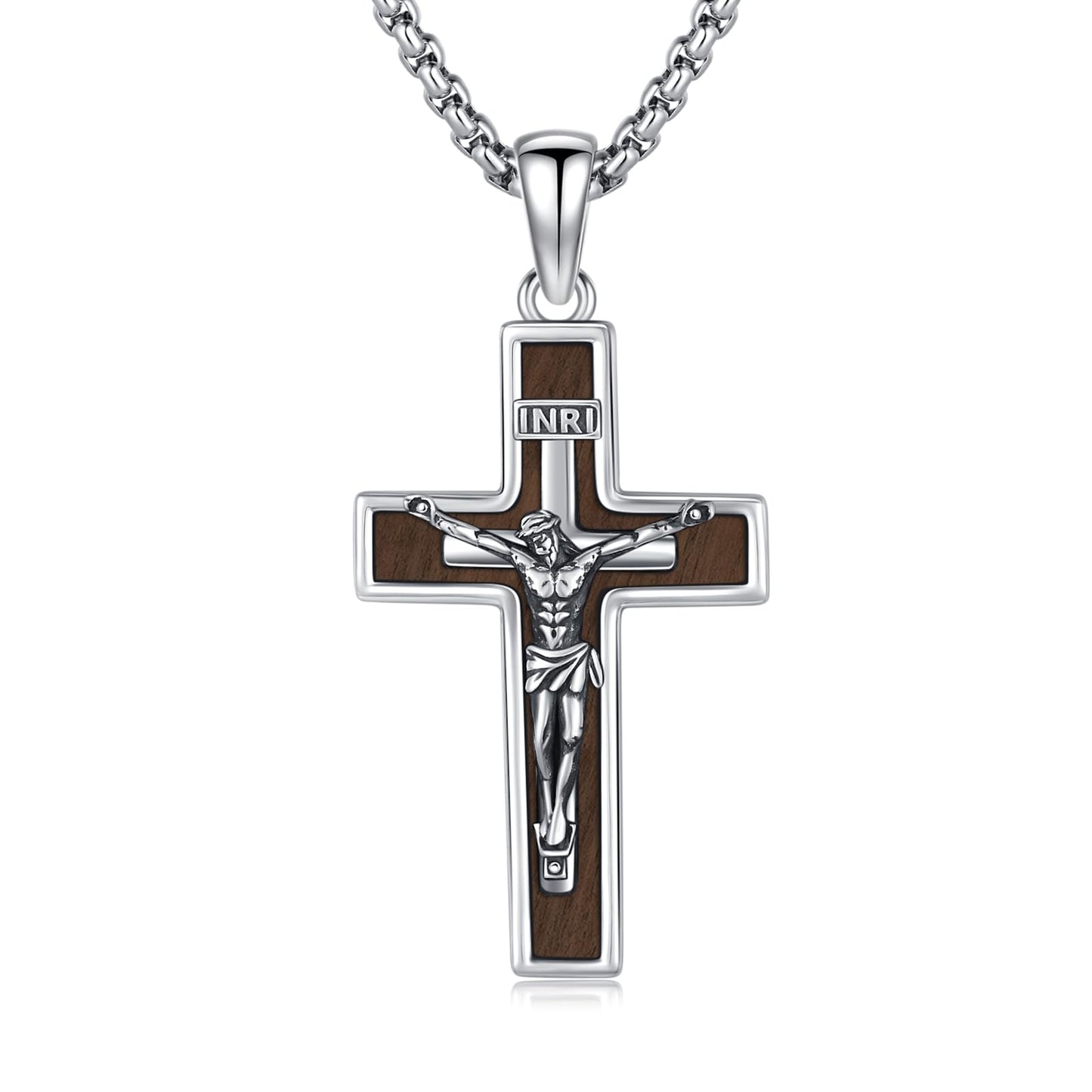 YEESIA Wooden Cross Necklace for Women Men 925 Sterling Silver Jesus Crucifix Pendant Necklace Cross Jewelry Gift for Women Men