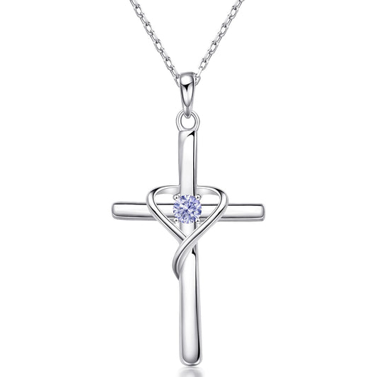 AmorAime 925 Sterling Silver Cross Necklace for Women Men 14K Gold Plated 5A CZ Birthstone Necklaces for Holiday (F.Light Purple-June-Alexandrite)
