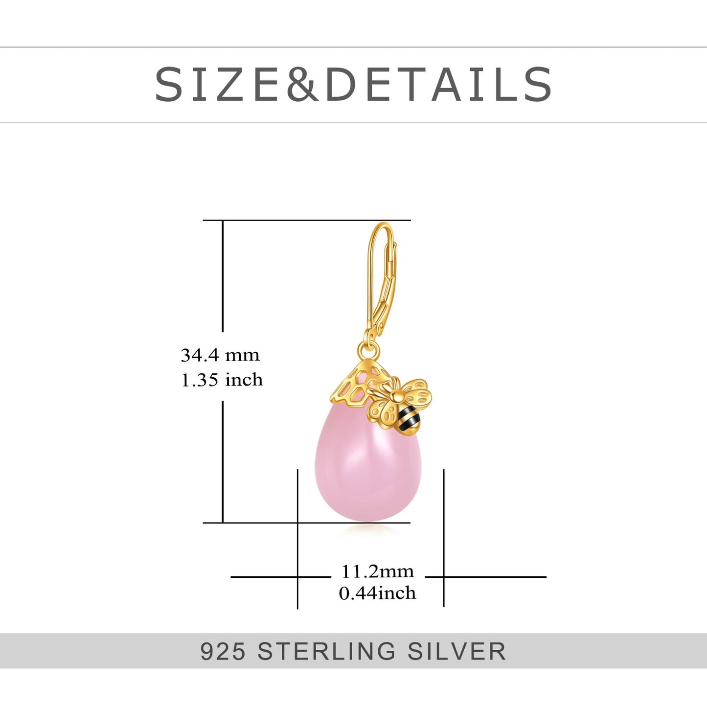 TIGERRIDER Pink Bee 925 Sterling Silver French Clasp Earrings Rose quartz Pendant Jewelry Gift for Women