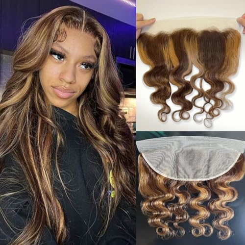 Honey Blonde Highlight Body Wave 13x4 Frontal Human Hair 20 In, 100% 12A Brazilian Virgin Ombre Brown Transparent Lace Frontal Closure Pre Plucked with Baby Hair P4/27 Balayage Wavy Hair Remy