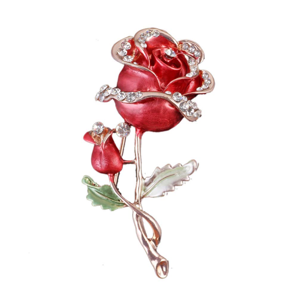 Enamel Crystal Red Rose Flower Brooch Pin Fashion Personality Floral Brooches Decorative Jacket pin Party Dance Wedding Banquet for Elegant Women Girl Jewelry Accessories(Red rose flower brooch)