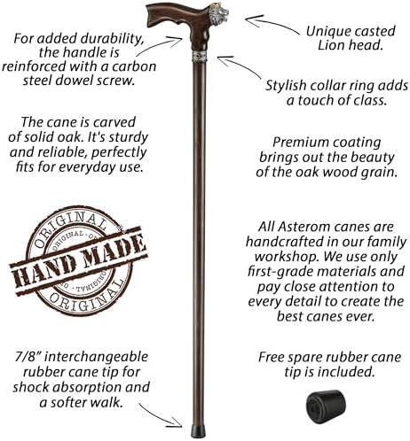 Asterom Walking Cane - Handmade Lion Canes for Men & Women - Wooden, Stylish, Cool Walking Sticks for Men, Seniors