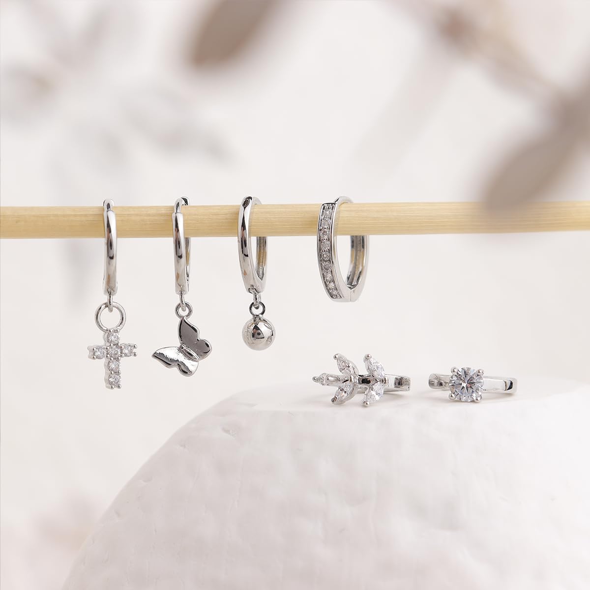 Frigotine 3PCS Silver Ball Cross Butterfly Dangle Small Hoop Earrings Stack Set for Woman, Dainty Rhinestone CZ Drop Multiple Piercing Cartilage Huggie Earing Wedding Prom Fashion Jewelry Gifts