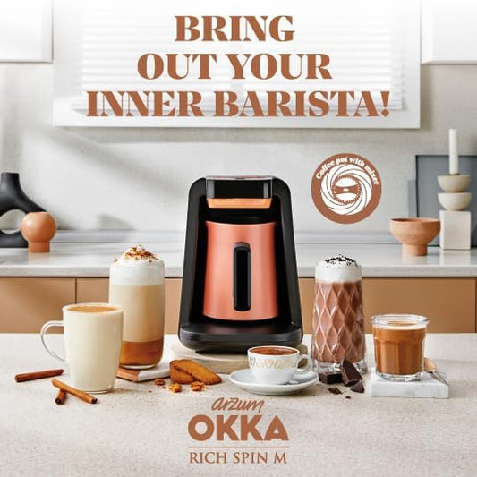Arzum Okka Rich Spin Pro Turkish Coffee and Hot Beverage Maker, Velvetiser, Milk Frother, 120V, 5 Cups, Stainless Steel Cooking Pot, Copper