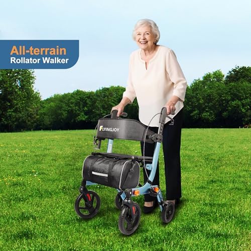 Lightweight Rollator Walker All-Terrain Foldable with seat and Adjustable Height backrest, 300 lbs Capacity, 10" Front & 8" Rear Wheels for Seniors, Adults, bariatric, Includes Cane Holders