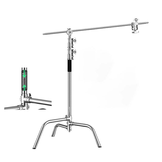 280cm Pro C-Stand Light Stand – Stainless Steel with 103cm Boom Arm, Adjustable Base, 2 Grip Heads, Carrying Bag, Sandbag & Clips for Photography & Video Lighting