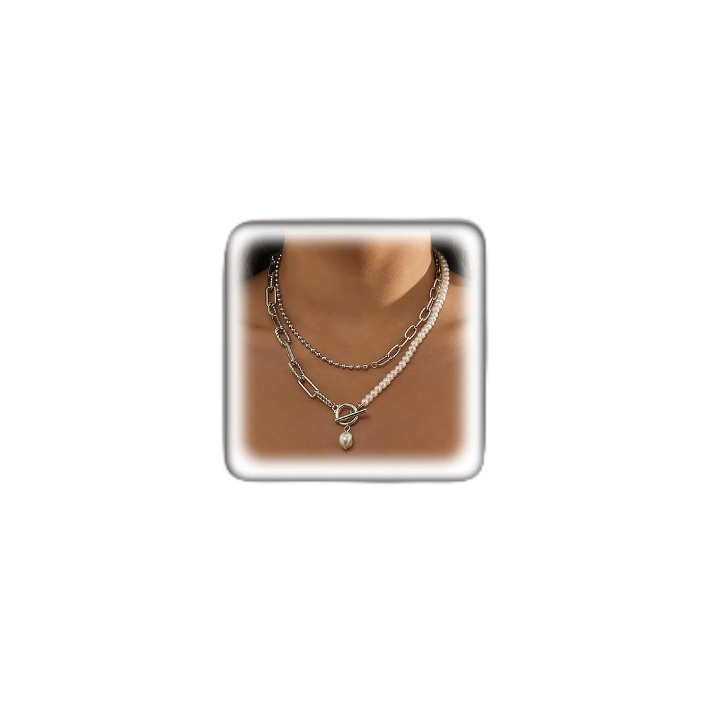 Long Silver Pearl Layered Necklaces for Women,Chunky Pearl Beaded Paperclip Chain Drop Necklace Trendy Gold Stack Choker Necklaces,Charm Jewelry Accessories