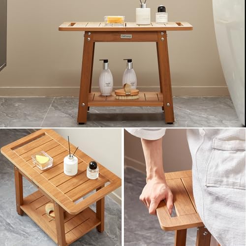 HDPS Shower Bench Seat for Inside Shower, Large Shower Stool for Shaving Legs, Shower Chair for Inside Shower to Sit On, Bath Shower Seat With Storage Shelf, Shower Foot Stool, Non-Slip, Brown