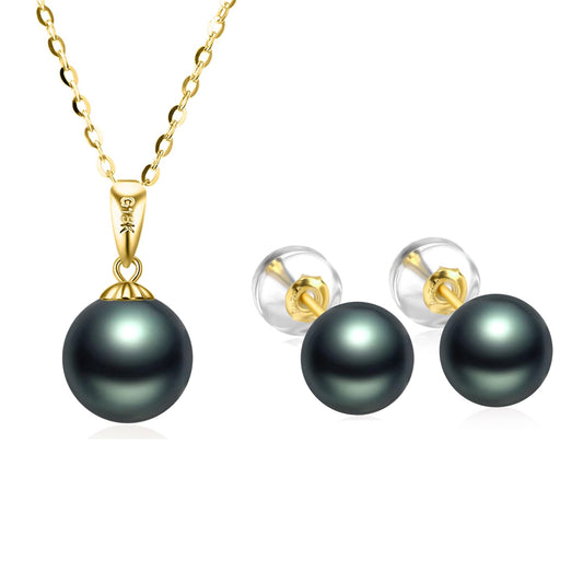 14k Gold Dyed Black Freshwater Cultured Pearl Necklace and Stud Earrings Set for Women