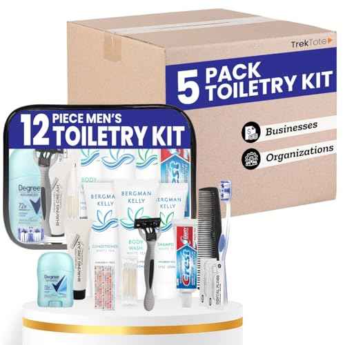 Trektote Bulk Hygiene Kit For Men ? (5 Pack) 12 Piece Set Of Travel Size Toiletries, TSA Compliant, Bulk Travel Essentials, Includes Shampoo And Conditioner, Body Wash, Toiletry Bag & More