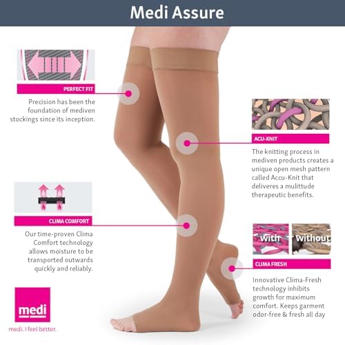 medi Assure 20-30 mmHg Thigh High Compression Stockings with Silicone Top Band – Open Toe Leg Circulation, Stockings for Women, Semi-Opaque Leg Support Compression Hosiery , Small, Beige