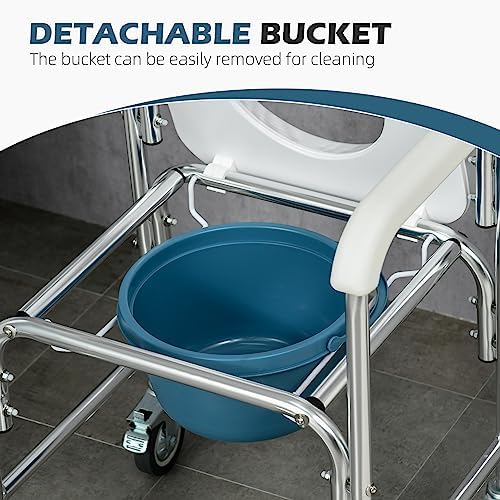 HOMCOM 3-in-1 Shower Commode Wheelchair, Transport Beside Commode Chair, Waterproof Rolling Over Toilet Chair 330 lbs. Weight Capacity with Padded Seat, White