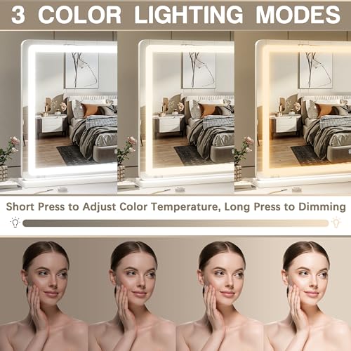 ROLOVE Vanity Mirror with Lights, 32" x 22" Large Lighted Vanity Mirror with Dimmable 3 Modes, LED Makeup Mirror, Touch Screen Control, USB Charging Port, Tabletop or Wall-Mounted