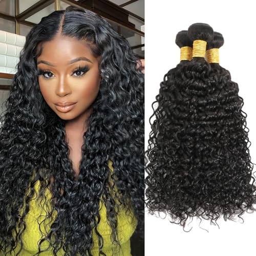 Water Wave Human Hair Bundles - Natural Black Wet & Wavy Curly Sew In Weave, Soft & Shed-free 12A 100% Brazilian Virgin Remy Hair - 3 Bundles, 12, 14, 16 Inch