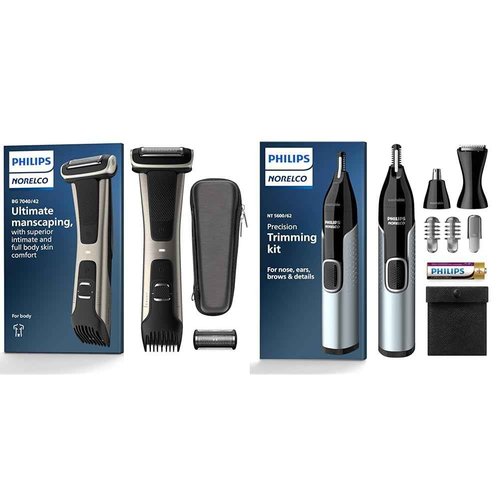 Philips Norelco Exclusive Bodygroom Series 7000 Showerproof Body & Manscaping Trimmer & Shaver, BG7040/42 + Philips Norelco Nose Trimmer 5000 for Nose, Ears, Eyebrows Trimming Kit, NT5600/42
