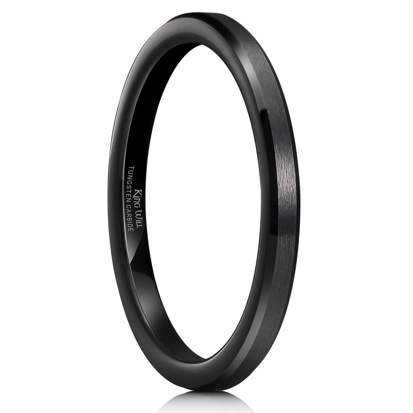 King Will 2mm Black Tungsten Men's Wedding Band - Brushed Matte Finish, Beveled Polished Edge, Comfort Fit Size 7