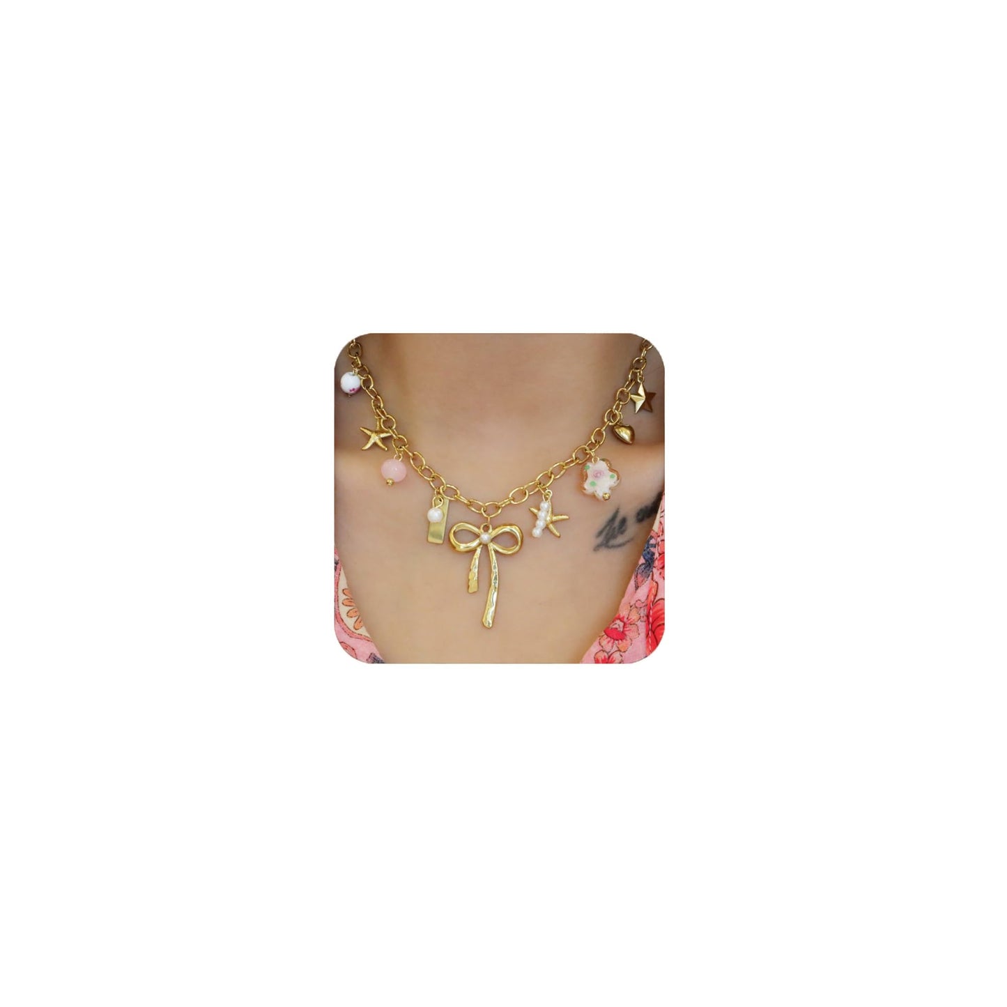 Trendy Stainless Steel Gold Plated Charm Necklace with Heart Pearl Pepper Conch Ceramic Pendant Necklace for Women Collares Chokers Jewelry (Bow Necklace)