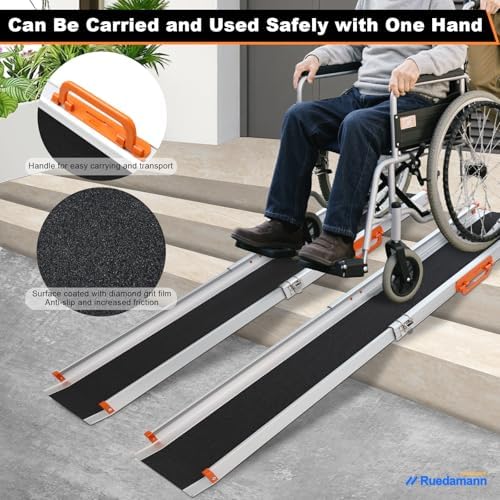 Ruedamann Portable Wheelchair Ramp, 6FT Adjustable Aluminum Ramp for Home, 600lbs Capacity,Telescoping Non-Skid Surface Wheel Chair Ramp for Home, Stairs, Steps