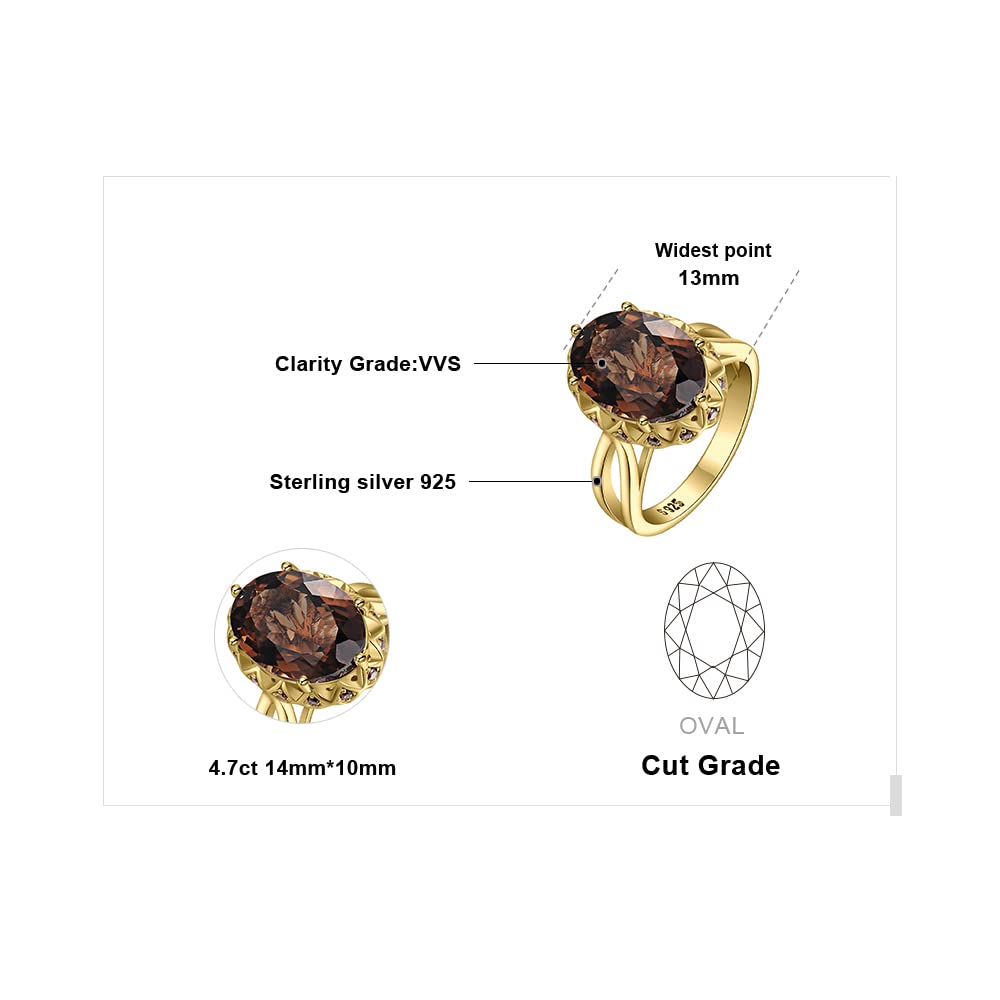 JewelryPalace Huge Oval Shape 5.7ct Genuine Smoky Quartz Cocktail Rings for Her, 14K Yellow Gold Plated 925 Sterling Silver Ring for Women, Natural Gemstone Jewelry Sets Rings 6