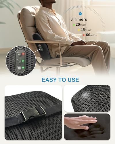 Lumbar Support Pillow for Office Chair - Heated Back Support Pillow with Vibration Massage, Ergonomic Back Massager for Chair, Adjustable Vibration, 2 Heat Levels, Gifts