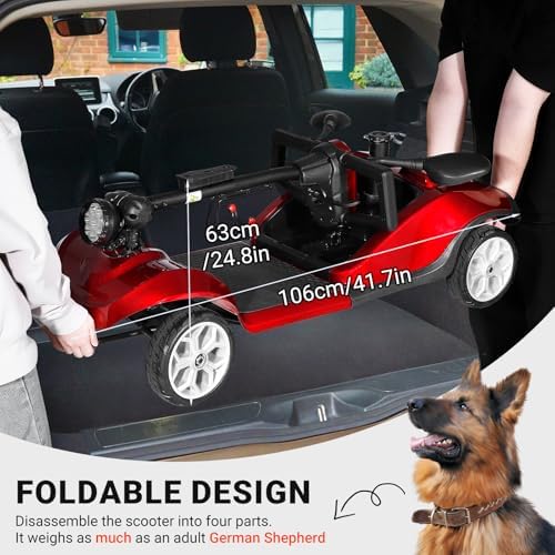 Foldable Mobility Scooters for Seniors, 4 Wheels Electric Mobility Scooter for Adults W/Removable Battery, Removable Basket, LED Headlights and Cup Holder, Charger Included - Red