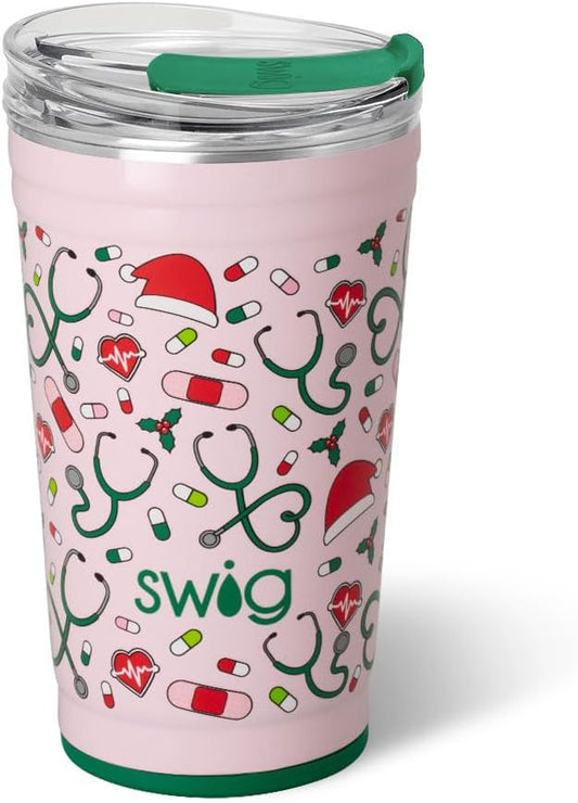 Swig Life 24oz Party Cup, Stackable Insulated Travel Coffee Tumbler with EZ Slider Lid, Cup Holder Friendly Travel, Stainless Steel 24 oz Tumbler, Reusable Mug (Santa's Scrubs)