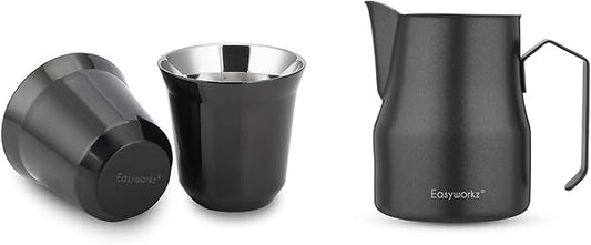Easyworkz Stainless Steel Espresso Cup 2pcs Set Double Wall 5 oz, Bundled Espresso Steaming Pitcher Stainless Steel 12 oz Coffee Frothing Picther Milk Jug Cappuccino Latte Art Cup