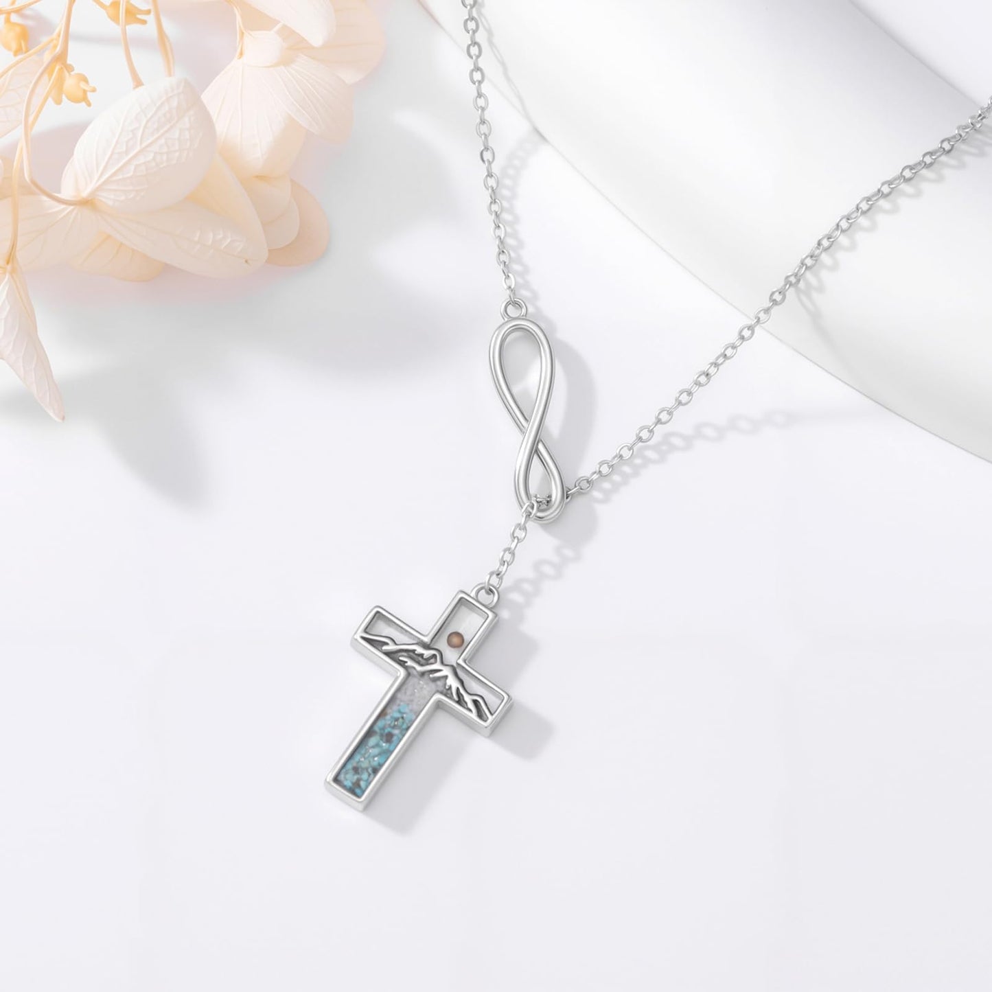 Suiknsn Mustard Seed Necklace for Women 925 Sterling Silver Turquoise Mountain Y-Necklace Faith Cross Pendant Necklace Christian Jewelry Nature Hiking Gifts for Girlfriend