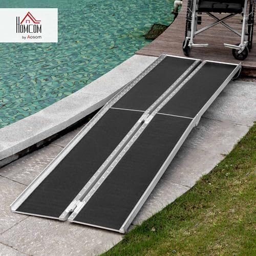 HOMCOM Wheelchair Ramp 10FT, Folding Aluminum Threshold Ramp with Non-Slip Surface, Transition Plate, 594lbs Weight Capacity for Home, Doorways, Curbs, Steps