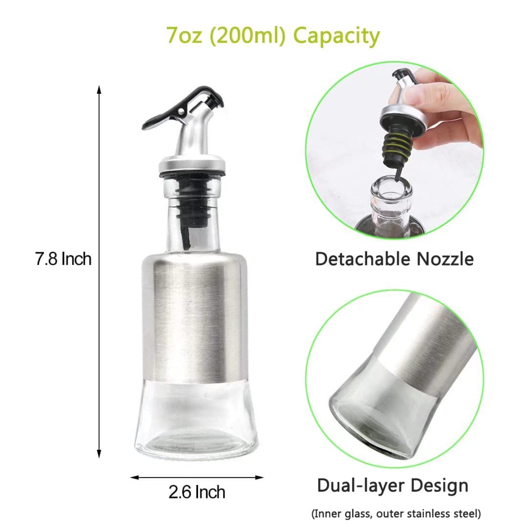 Mincham Olive Oil Dispenser - 7oz (200ml) Glass & Stainless Steel Oil & Vinegar Cruet with No-drip Spout & Pouring Funnel