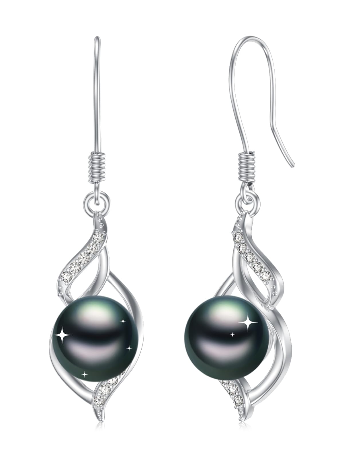 KANNSOAR 7MM Tahitian Black Pearl Dangle Drop Earrings, 18K White Gold Plated Sterling Silver Everyday Earrings for Women Wife Girlfriend Hypoallergenic Jewelry Gift for Anniversary Birthday Christmas