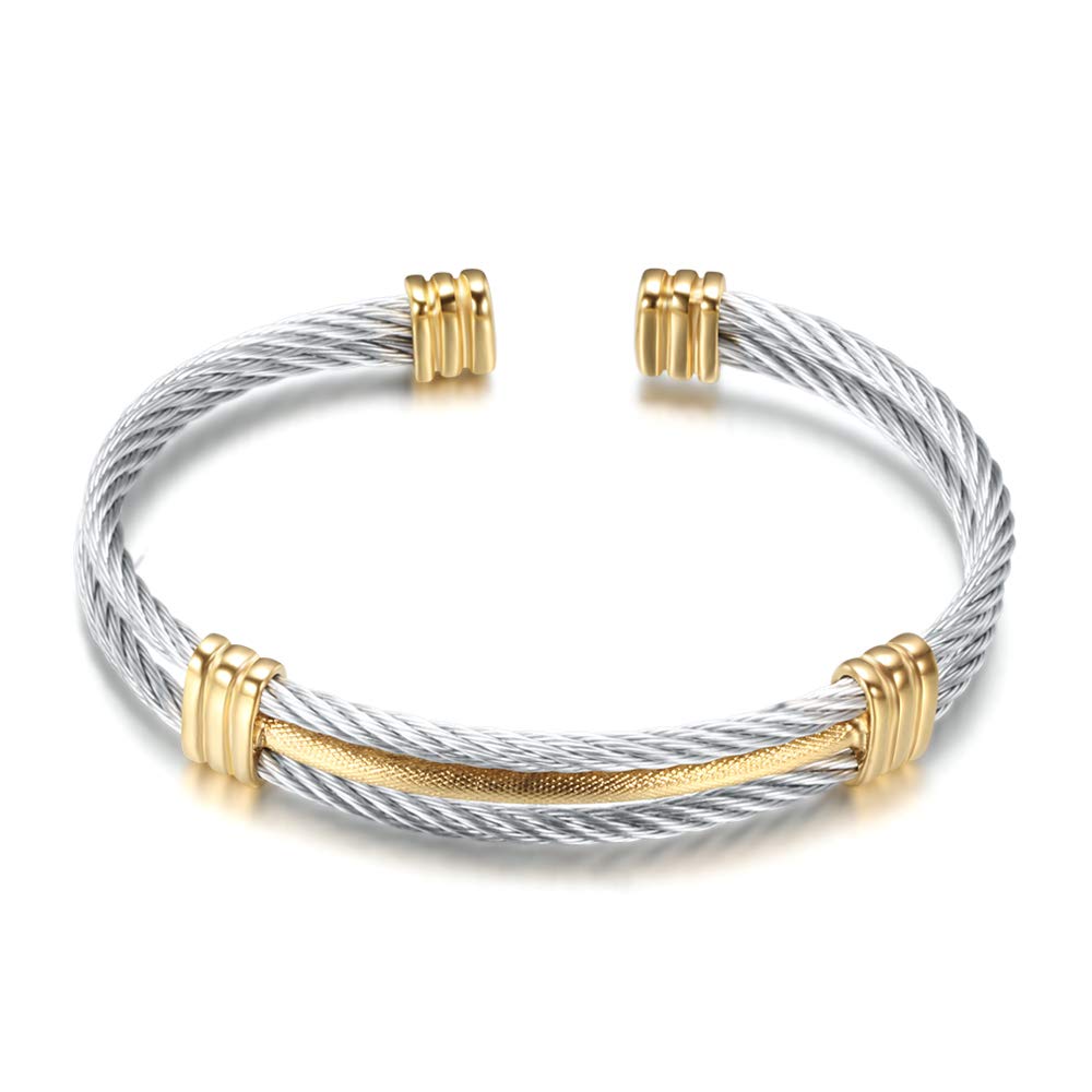 LXBQYSTO Cable Wire Twisted Cuff Bangle Bracelet For Women 14K Gold/rose/silver Stainless Steel Jewelry for Women Gift (Cuff-Silver&Gold)