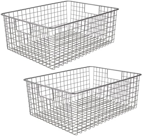 mDesign Metal Wire Food Storage Basket Organizer with Handles for Organizing Kitchen Cabinets, Pantry Shelf, Bathroom, Laundry Room, Closets, Garage - Concerto Collection - 2 Pack - Graphite Gray