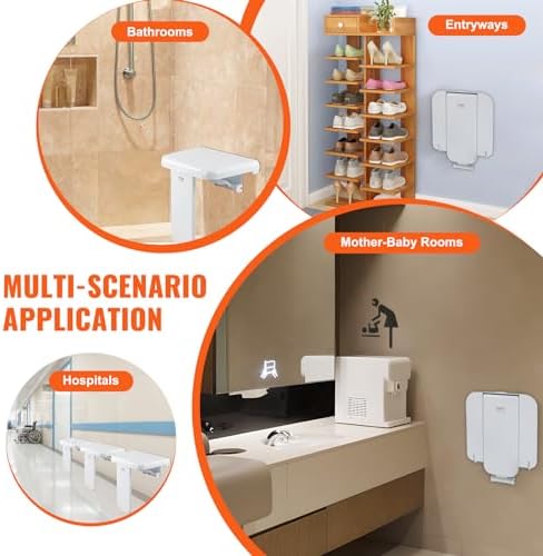 VEVOR Folding ABS Shower Seat, 15.7'' x 16.7'' Unfolded, Wall Mounted Fold Up Shower Bench with 440 lbs Load Capacity, Space Saving Fold Down Shower Chair for Seniors Pregnant Women Children Adults