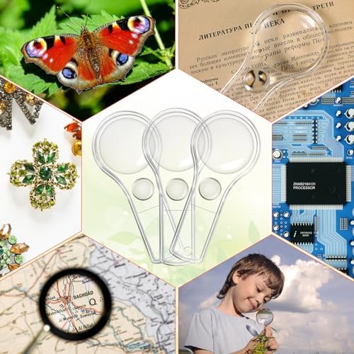 Kanayu 100 Pcs Mini Handheld Magnifying Glass for Kids 5X 15X Hand Lens Small Magnify Glasses Lens Plastic Magnifier with 100 Lanyard for Reading Home School Classroom Outdoor Science Observation