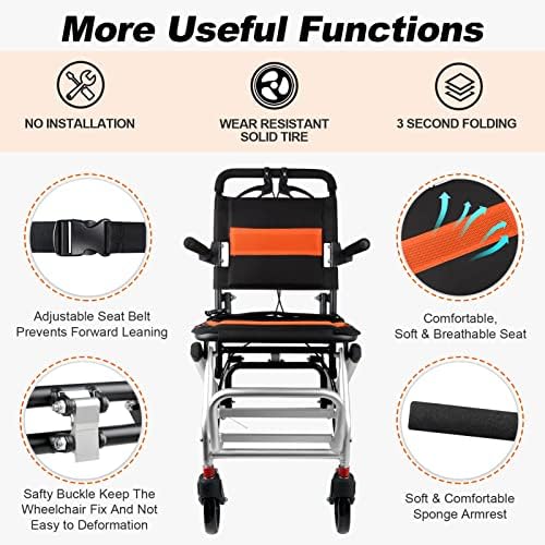 World's Lightest (Only 16lbs) Portable Transit Travel Wheelchair, Folding Transport Wheelchairs for Adults and Seniors Support 220lbs, Lightweight Aluminum Wheelchair for Elderly