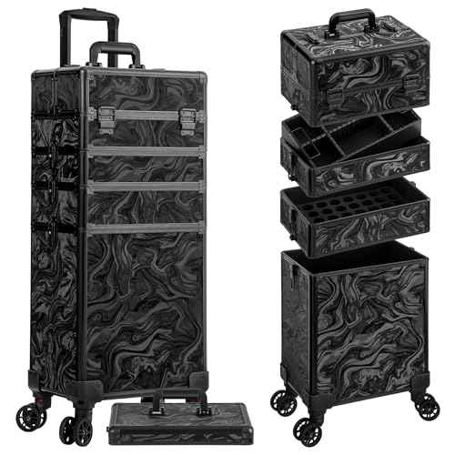 Profesional Rolling Makeup Train Case with Lid, 5 in 1 Cosmetology Case on Wheels, Large Cosmetic Trolley Organizer Travel for Hairstylist Artist Nail Beauty Salon Barber, Black Ink