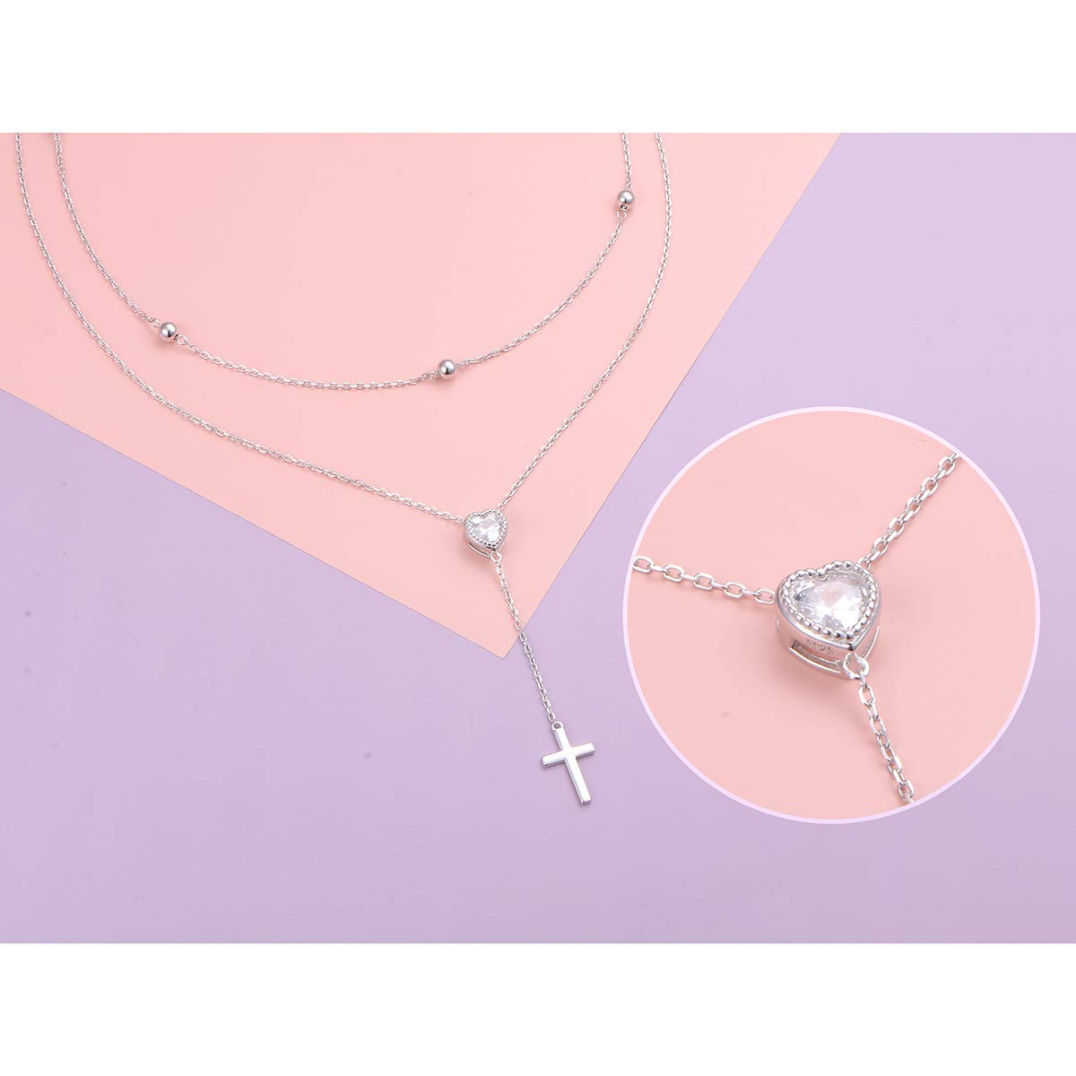 FLYOW Layered Cross Necklace 925 Sterling Silver Heart CZ Double Choker Y Lariat Long Necklace Mothers Day Birthday Valentine's Day Gifts for Women