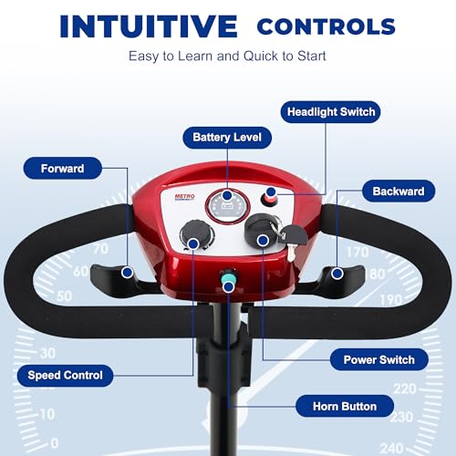 Metro Mobility 4 Wheel Powered Mobility Scooters, 300 lbs Capacity Mobility Scooters for Adults, Folding Mobility Scooter Lightweight, Electric Scooters for Seniors 10 Miles Range LED Light Red