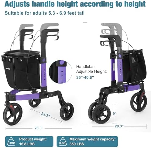 3 Wheel Rollator Walker, Walkers for Seniors, Rollator Walker Lightweight Foldable, with Tray and Large Storage Bag, 10 Inch Front Wheel for All Terrain, Purple