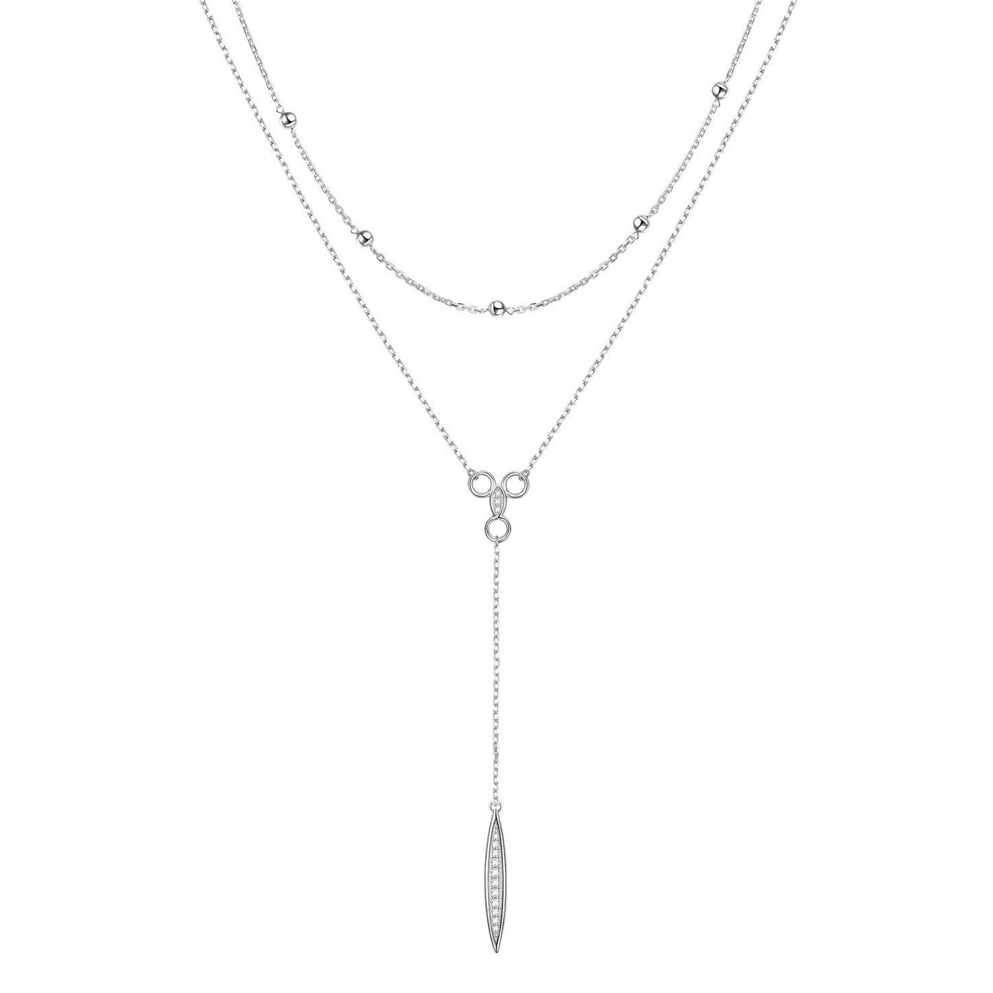 FLYOW Multi Layered Bar Necklace S925 Sterling Silver Beads Choker Marquise Cubic Zirconia Y Lariat Necklaces Long Chain Jewelry Gifts for Women Mothers Day Gifts