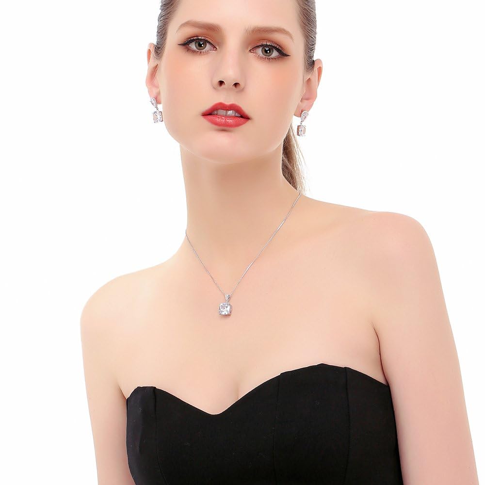 AMYJANE Wedding Jewelry Set for Bridesmaids - Elegant Sterling Silver Teardrop Clear Cubic Zirconia Crystal Rhinestone CZ Necklace Set for Bride Bridal Jewelry for Mother of Bride