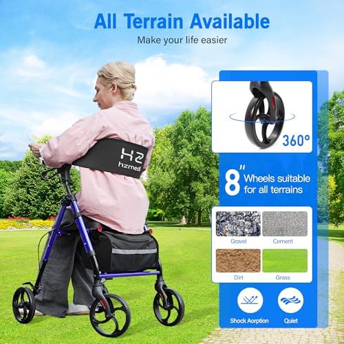 Walkers for Seniors Lightweight with Seat Foldable, Frame 8" Big Wheels Adult Rolling Walker for All Terrain, Dual Adjustable Height Rollator Transport 4 Wheels Walker| Royal Blue