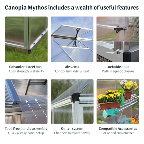 Palram - Canopia 6x10 Greenhouse Kit, Hobby Walk-In Twin-Wall UV Polycarbonate Heavy Duty Aluminum Frame, Lockable Door, Adjustable Roof Vent, Rain Gutters, Galvanized Steel Base, Mythos (Silver)