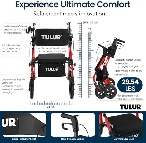 Rollator Walkers with Seat - 【Ultra-Compact】 All Terrain Rollator for Short People, Compact Walker for Seniors, 4 Wheels, Pre-Assembled (Bright Red)