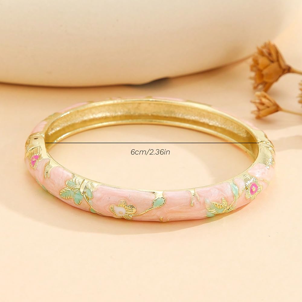 BlingNook Cloisonne Bracelet For Women, Chunky Bangle Trendy Cute Flower Enamel Bangles Multi Tone Engraved Cuff Gold Plated Bracelets Stackable Wife Jewelry Friendship Gift (Red, One Size)