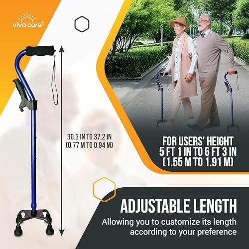 Walking Cane with 4 Prongs and Extra Side Handle – Adjustable, for Balance & Stability for Adults, Seniors, and Injured.