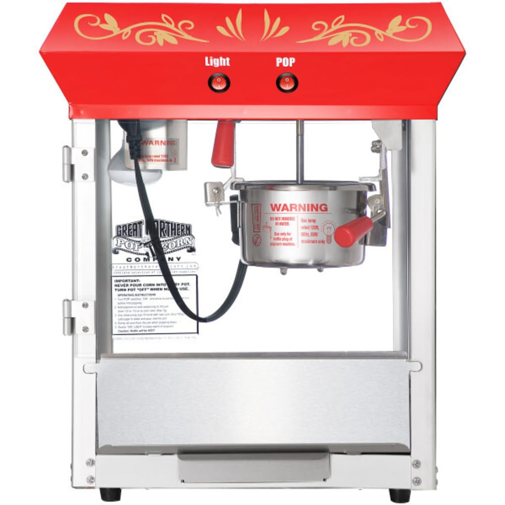Popcorn Machine - 4oz Popper with Stainless-steel Kettle, Heated Warming Light, and Old Maids Drawer by Great Northern Popcorn (Red)