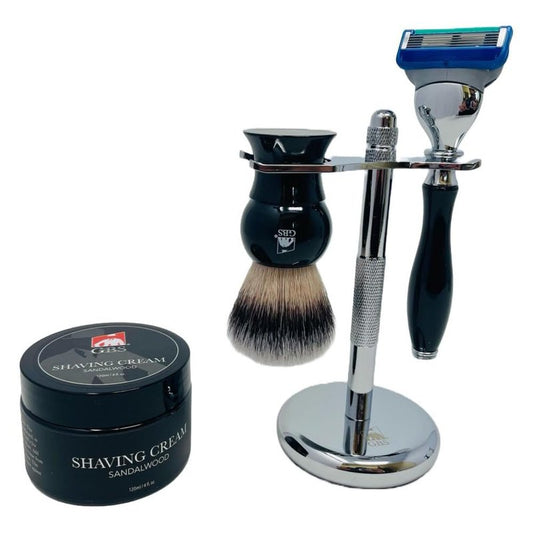 G.B.S 4 Piece Shaving Set, 5 Blade Cartridge Compatible Black Handle Razor, Black Shaving Brush Synthetic, Shave Razor and Brush Stand, Sandalwood Shaving Cream Grooming Kit for Men
